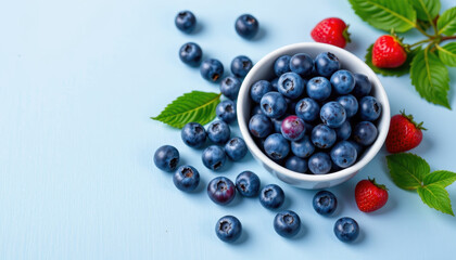 Fresh blueberries in white bowl surrounded by vibrant strawberries and green leaves create delightful and colorful display. This arrangement evokes sense of freshness and healthiness