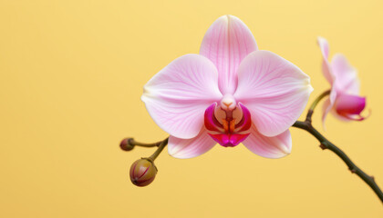 Beautiful orchid flower with delicate pink petals and vibrant center, set against soft yellow background, creating serene and uplifting atmosphere