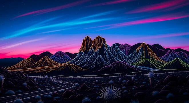 Neon Desert Dreamscape: A Vibrant Mountain Range Under a Colorful Twilight Sky
