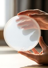 Person holding transparent round lid in soft, natural light setting