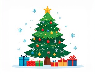 Obraz premium Flat Vector Christmas Holiday Illustration with Tree and Gifts
