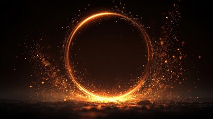 Glowing, golden ring of light dominates dark background, sparkling particles erupt, creating a magical effect