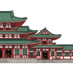 Obraz premium A traditional Korean hanok architecture building with a distinctive multi-tiered green roof and red accents, set against a clean white background.