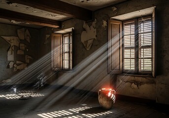 Sunlight streams into an aged room highlighting an urn and the dilapidated textures of the walls and wooden shutters