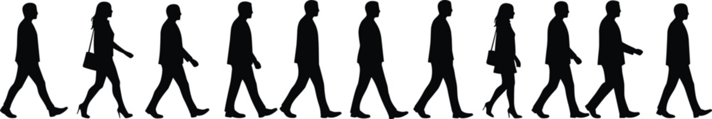 Silhouettes of walking people in line, men and women side view, business and casual figures, human crowd urban lifestyle illustration