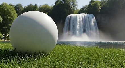 Surreal juxtaposition of a pristine sphere against a magnificent waterfall vista amidst verdant fields