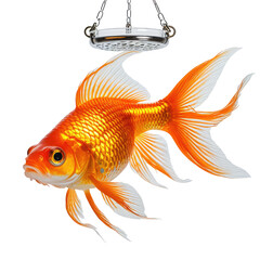 A goldfish hangs suspended under a metal light, studio shot, black background