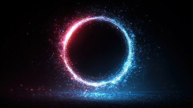 A glowing ring, red and blue particles, floating against a black void, with sparkling effects