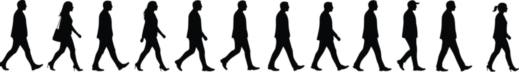 Silhouettes of walking people in line, men and women side view, business and casual figures, urban human crowd lifestyle illustrationSilhouettes of walking people in line, men and women side view, 