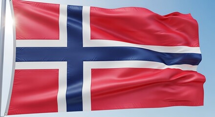 Majestic Norwegian Flag Waving Proudly in the Breeze Against a Clear Blue Sky Displaying National