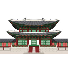 Traditional Korean hanok architecture building with a distinctive multi-tiered roof and ornate design elements against a clean white background.