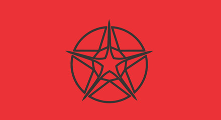 Dark green pentagram within a circle on a vibrant red background.