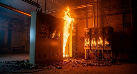 Electrical fire engulfs industrial control panels, showcasing extreme hazard and damage with