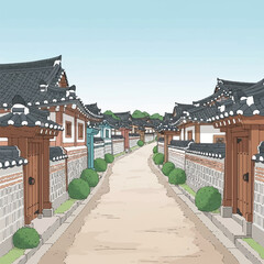 Illustration of a serene pathway lined with traditional Korean hanok architecture houses and buildings under a clear blue sky.