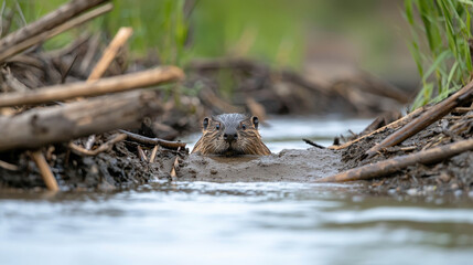 Fototapeta premium Curious Otter Emerging from Water Surrounded by Logs in Natural Habitat, Capturing Wildlife Behavior and Unique Animal Characteristics in Nature
