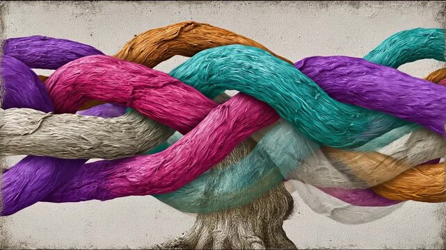 Intertwined colorful ropes symbolic representation of connection and unity