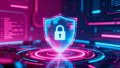 Fototapeta premium Digital shield glowing in cyber space, lock symbol in center, abstract secure data technology