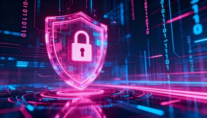 Digital shield glowing in cyber space, lock symbol in center, abstract secure data technology
