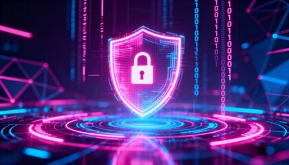 Digital shield glowing in cyber space, lock symbol in center, abstract secure data technology