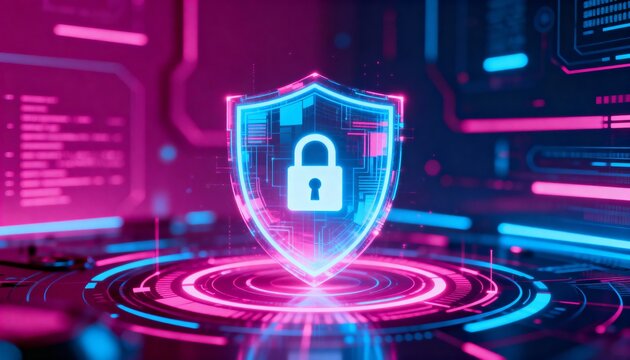 Digital shield glowing in cyber space, lock symbol in center, abstract secure data technology