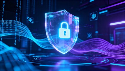 Digital shield glowing in cyber space, lock symbol in center, abstract secure data technology