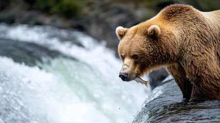 Obraz premium Majestic Brown Bear Catches Fish in Crystal Clear Waterfall Environment During Summer Day in Lush Forest Surroundings with Vibrant Nature Background