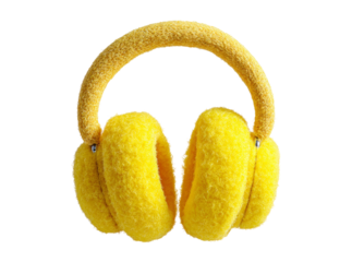 Fluffy yellow headphones music audio listening fun, Isolated On Transparent Background, Png