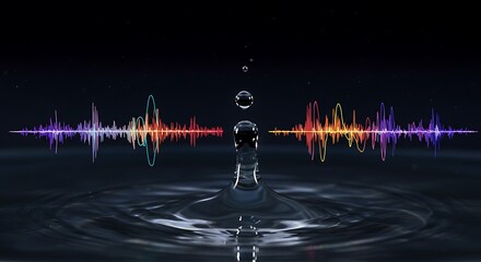 Water Drop Collision with Sound Wave Visualization on Black Background Art