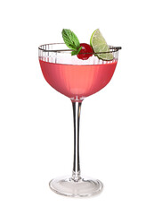 Glass of tasty Cosmopolitan cocktail garnished with cherry and lime on white background