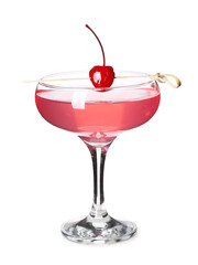 Glass of tasty Cosmopolitan cocktail garnished with cherry on white background