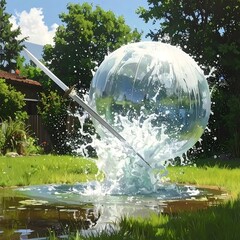 Sword piercing a large bubble in a garden pond