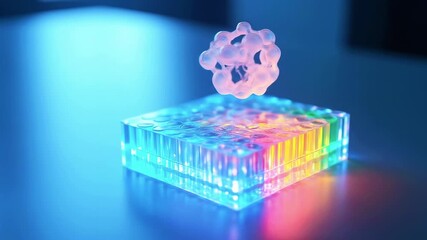 A glowing rainbow cube rests on a blue-lit surface, with a pink cluster orb floating above, in light - Powered by Adobe