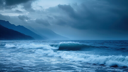 Fototapeta premium Serene Ocean Waves Under Stormy Sky with Dark Mountains in the Background at Dusk Highlighting Nature's Tranquil Beauty and Power of the Sea