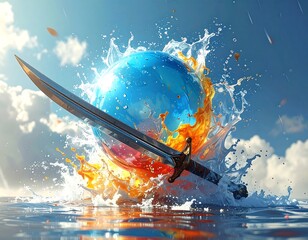 Sword piercing a vibrant sphere, water, fire