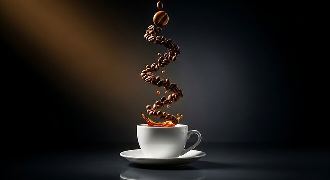 A cup of coffee with coffee beans falling in a spiral shape and splashing on a dark background