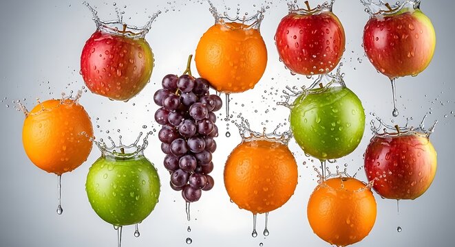 Assorted fruits splashing in water with apples oranges and grapes on a light background studio shot - Powered by Adobe