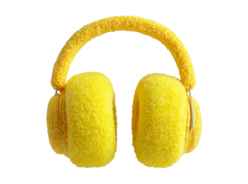 Bright yellow fuzzy headphones music audio listening, Isolated On Transparent Background, Png