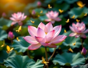 Obraz premium A beautiful garden blooms with pink water lilies, their delicate petals reflecting sunlight