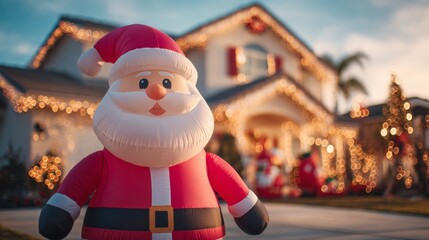inflatable Santa Claus doll in front of a Christmas-decorated house