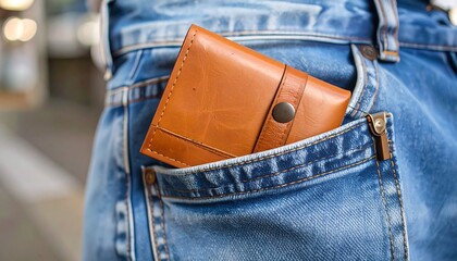 Tan leather wallet in a back jeans pocket