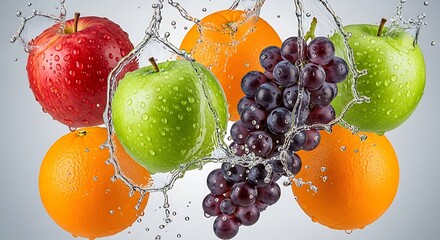 Assorted fruits with water droplets including apples oranges and grapes on a light background