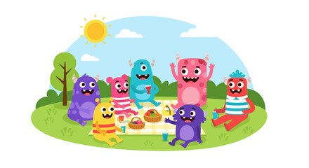 Cute colorful cartoon monsters enjoying a delightful outdoor picnic party together.