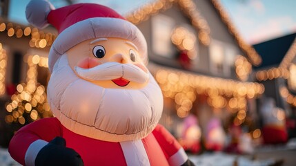 inflatable Santa Claus doll in front of a Christmas-decorated house