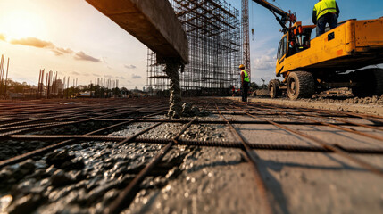 Obraz premium Construction workers pouring concrete at construction site during sunset with machinery and scaffolding in the background creating an industrial landscape