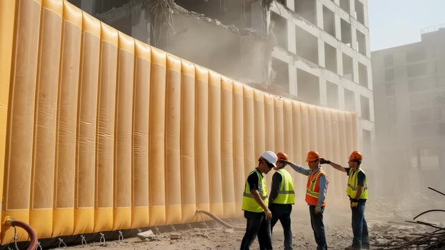 Inflatable mobile mod blasting shield inflated onsite providing quick and effective portable protection for personnel during demolition blasts.