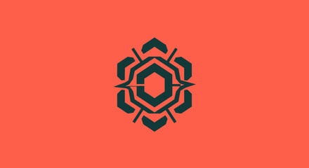 Symmetrical dark green geometric emblem with a hexagonal core.