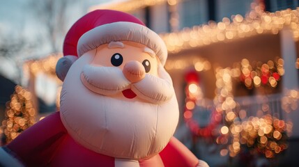 inflatable Santa Claus doll in front of a Christmas-decorated house