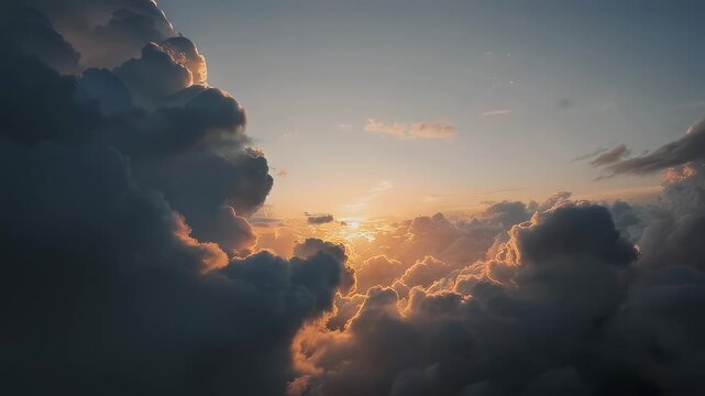 A dramatic sky scene at sunset. Thick clouds absorb the sun's rays while the light shines through