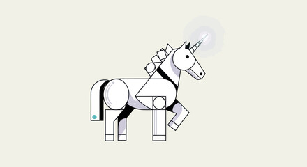 Stylized robotic unicorn illustration with geometric shapes.