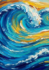 Dynamic ocean wave rendering featuring brushstrokes and vibrant color palette depicting aquatic energy
